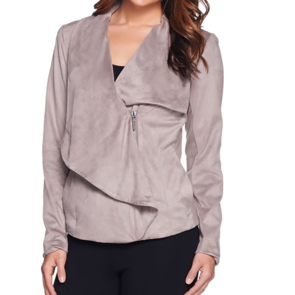 H by Halston Tan Beige Faux Suede Asymmetrical waterfall Moto Jacket NEW